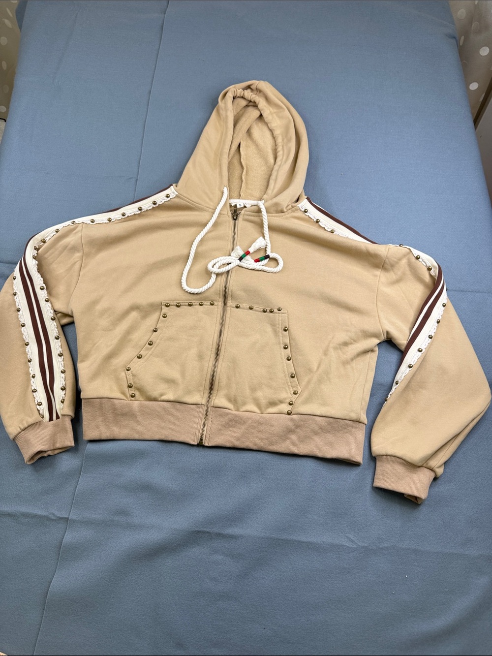 POL Beige Hooded Zip-Up Bomber with Stud and Stripe Detail